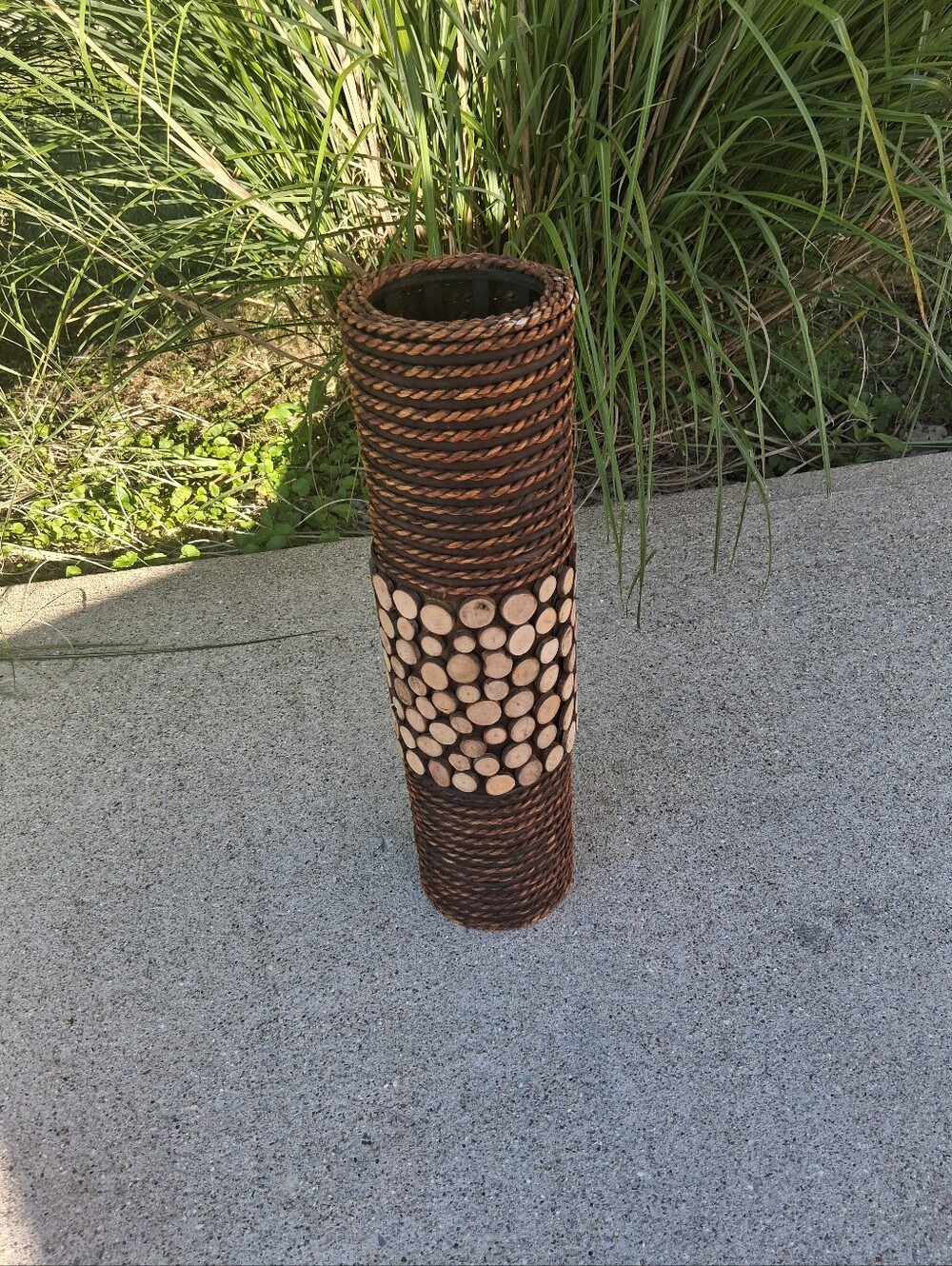 Woven Brown Decorative Vase with Wood Disk Accent